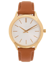 Tan leather watch with gold and white face.