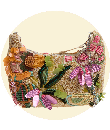 An embellished colourful shoulder bag.	