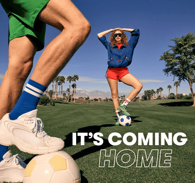 A man and woman in football-inspired styles with the text 'It's coming home' overlaid.