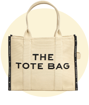 A cream canvas tote with a black logo print.