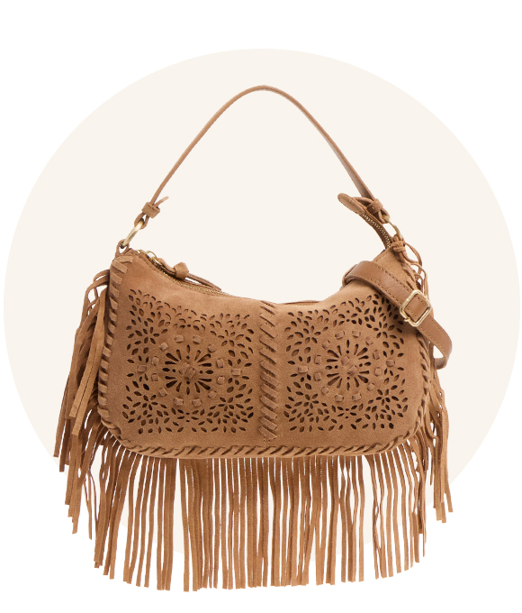 A light tan fringed bag. 