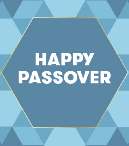 A blue graphic with the words Happy Passover