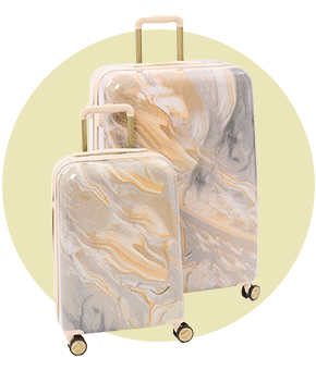 A set of two cabin suitcases in a pastel blue tone with contrasting wheels.
