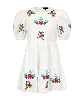 A white mini dress with floral detailing 