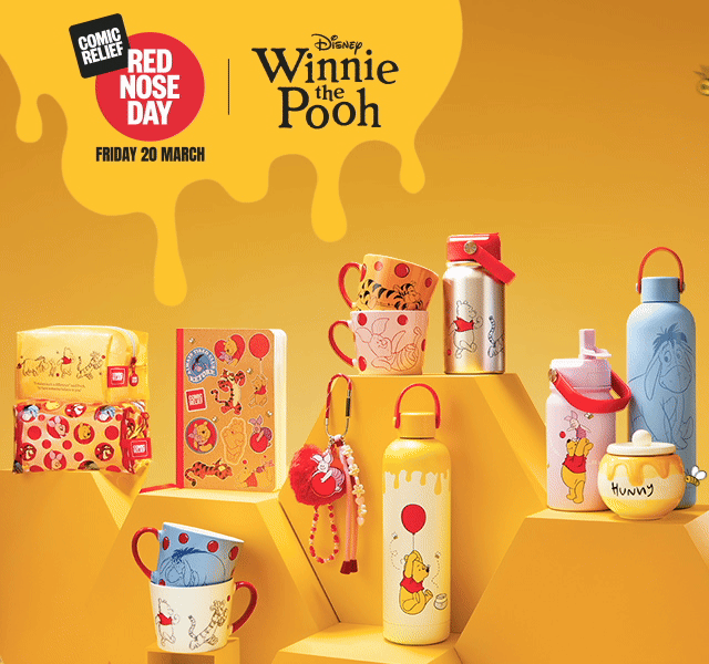 Our range of Red Nose Day products including mugs, notebooks, water bottles and candles. 