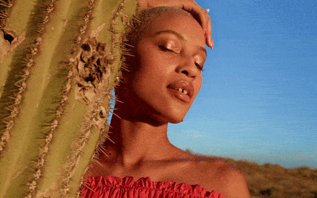 A cactus in a desert landscape with a person standing next to it, wearing a red off‑the‑shoulder top and sparkly eyeshadow under a clear blue sky.