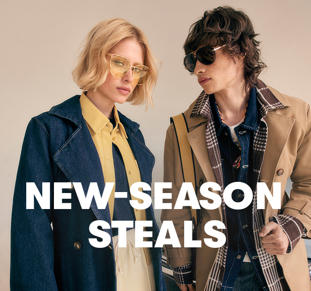 An image of a male and female model wearing sharp layering and statement sunnies. 