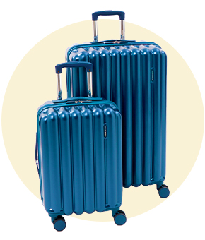 Two blue hard-shell rolling suitcases, one large and one small, standing upright on wheels against a light background.