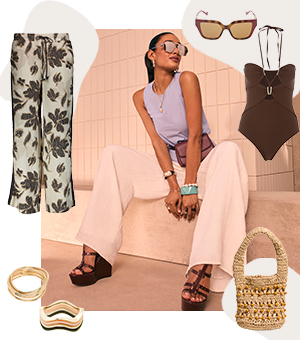 A collage of summer inspo including a jute bucket bag, gold jewellery and breezy wide-leg trousers. 