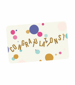 A giftcard with animated polka dots and a message saying Congratulations.