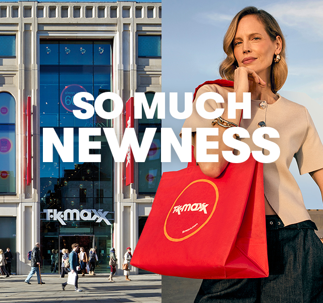 Collage of a TK Maxx storefront and woman holding a red TK Maxx bag, with accompanying text “So Much Newness”.