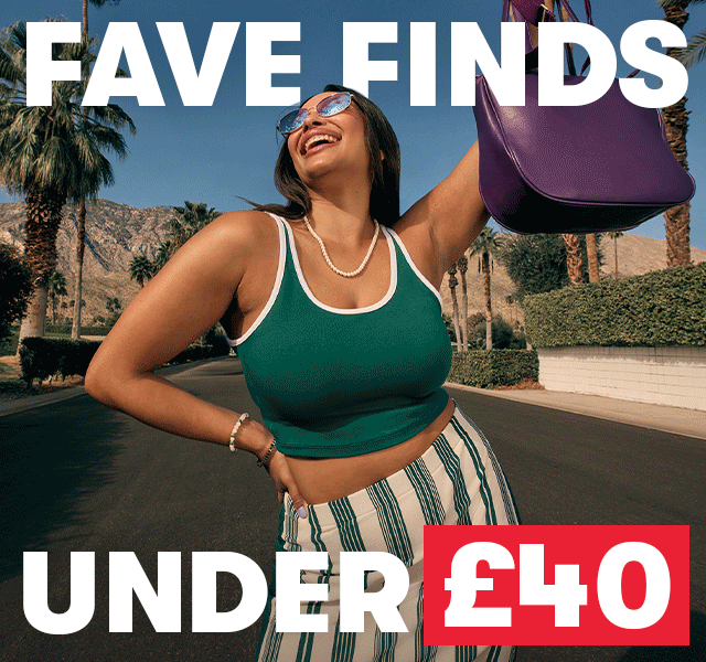 Model wearing a green cropped tank and striped trousers, holding a purple bag on a palm‑lined street with text reading “Fave Finds Under £40.”