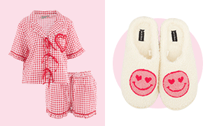 A GIF of cosy slippers and bold, printed pyjama sets.