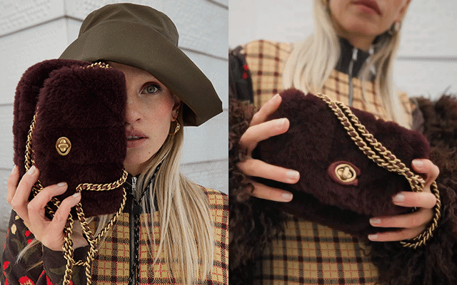 An image of a burgundy faux-fur handbag held in front of a woman wearing a wide-brim hat, plus a GIF where she moves the bag in front of the camera.