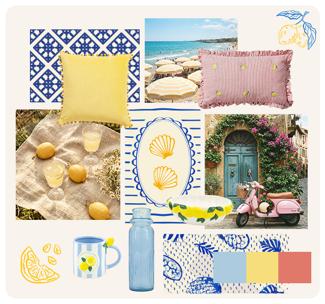 A collage of Italian-inspired homeware and imagery including a summer picnic, pastel glassware and a butter yellow cushion. 