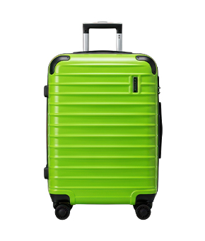 A bright green wheely suitcase.