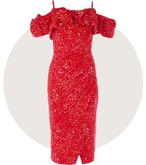 A GIF showing multiple floral dresses, from a red off-the-shoulder dress with flower sequins to a sleeveless cream dress with green botanical details.				