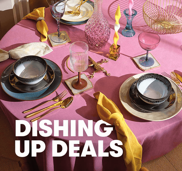 A GIF showing a bright tablescape with a pink tablecloth, orange napkins and pastel-toned plates.