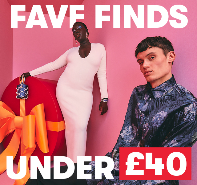 A male and female model wearing bold party outfits against a colourful backdrop.
