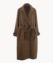 A double-breasted brown overcoat.