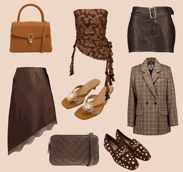 A GIF showing a selection of red, beige, brown and white-coloured clothes.