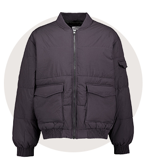 A navy blue puffer bomber jacket.