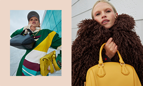 Two images: a person in stripy clothes holds a yellow bag in one arm and a black bag in the other; a person in a brown fluffy coat holds a yellow bag.