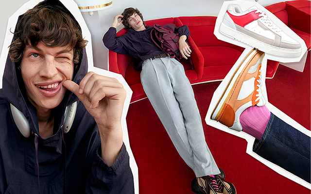 A cut-out collage of a man in various streetwear staples, including a hooded jacket and sporty trainers.