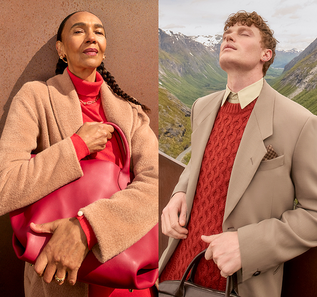 A split screen showing a male model wearing a smart beige blazer and cosy knit, with a female model wearing a bold red jumper and matching jumper. 