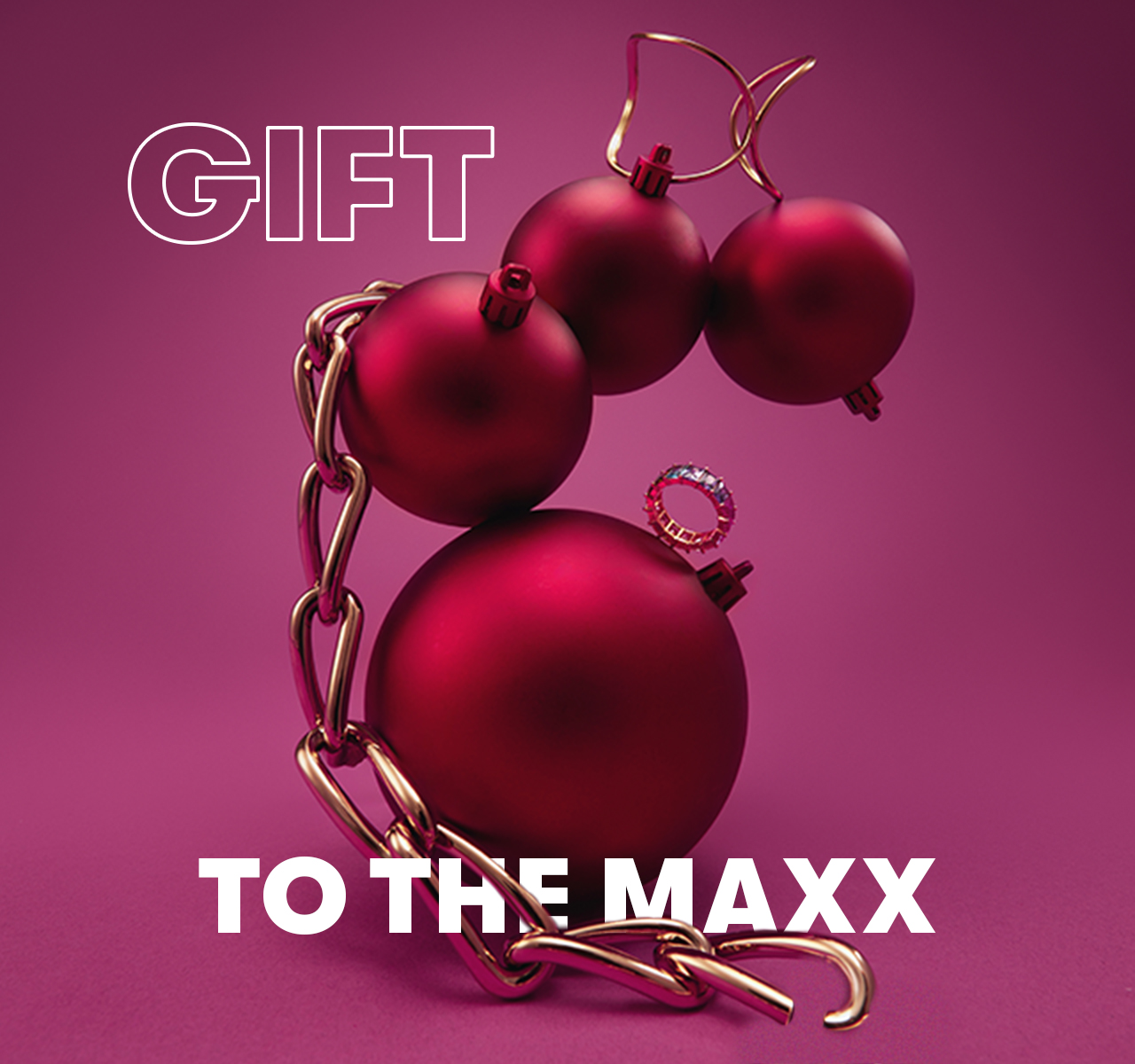 Red Christmas baubles with gold jewellery on a pink background, with the text 