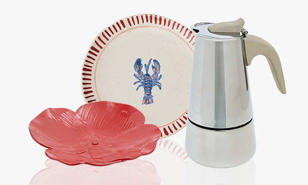 Homeware items including a lobster plate, a coffee maker and a pink flower-shaped bowl.