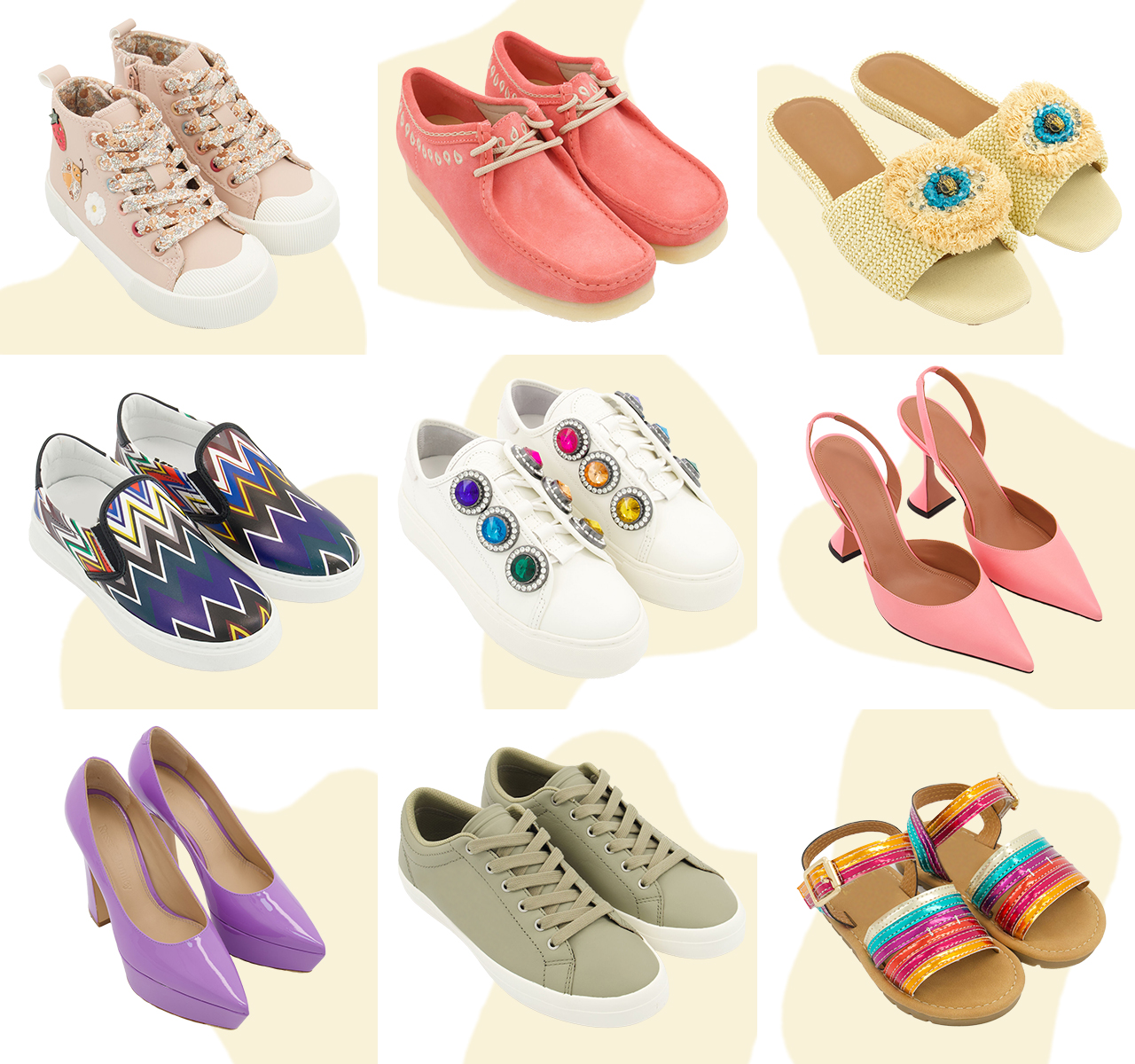 A collage grid displaying nine pairs of shoes, from purple heels to khaki trainers and stripy sandals.
