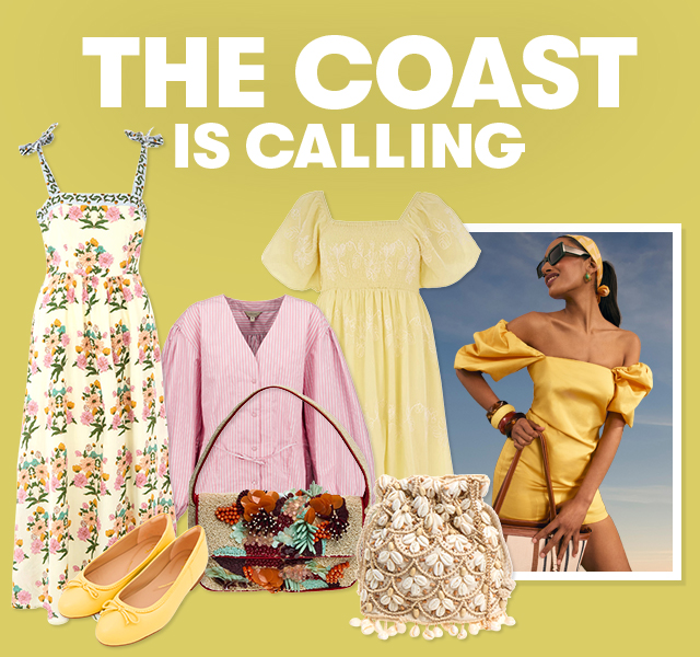 A collage featuring a dress, a handbag and a photo of a model.