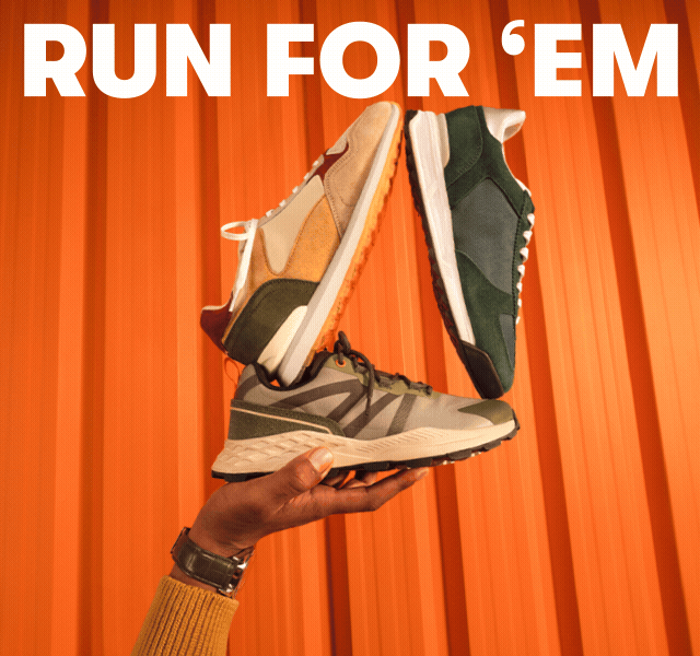 A GIF of a hand holding three trainers and the text 'RUN FOR 'EM'
