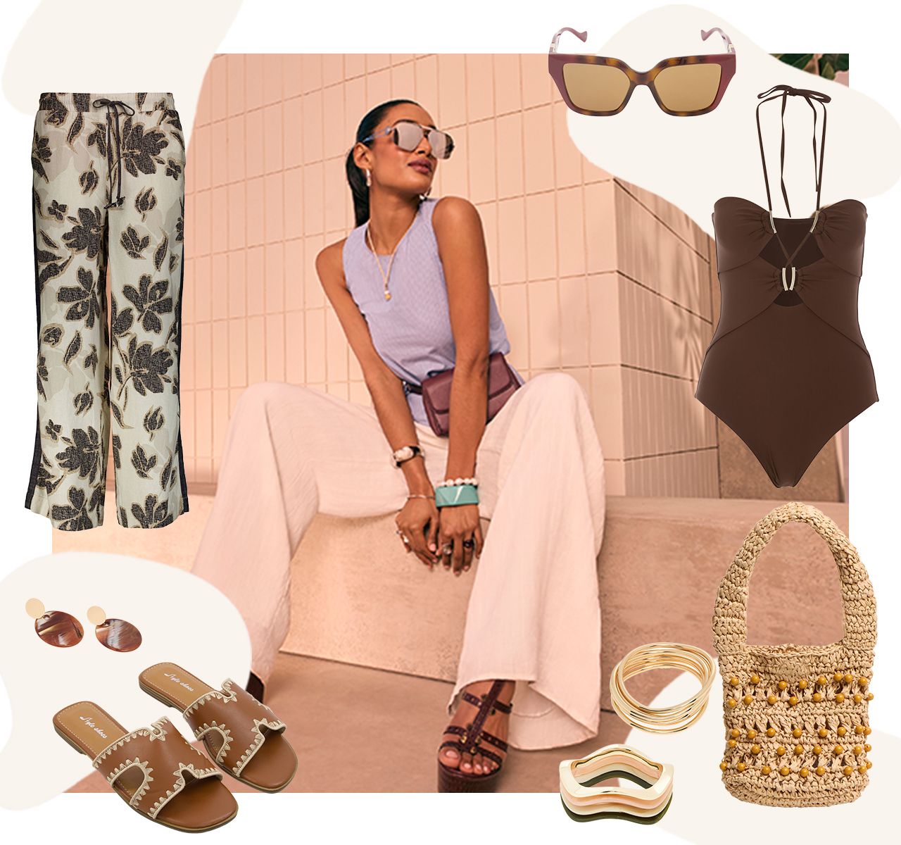A collage of beachy inspo including open-toe leather sandals, a chocolate brown swimsuit and a model wearing summer go-tos. 