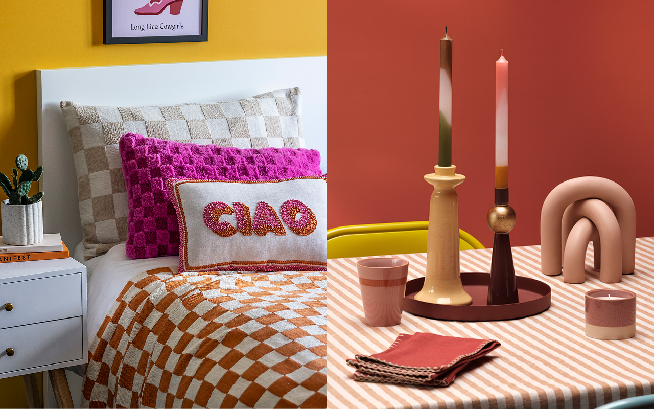 Two images: a bedroom with checkered bedding and a “CIAO” cushion, and a table styled with candles, tray and decor.