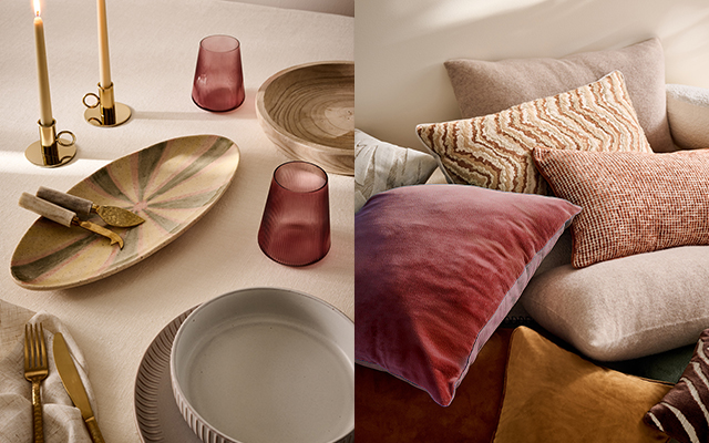 Autumn home decor, accessories and colourful cushions in warm, neutral tones.