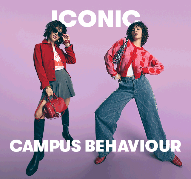 Two women models wearing trendy outfits with the text 'Iconic campus behaviour'