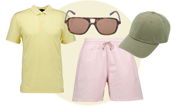 A collage of men's holiday staples including a yellow polo shirt and khaki cap.