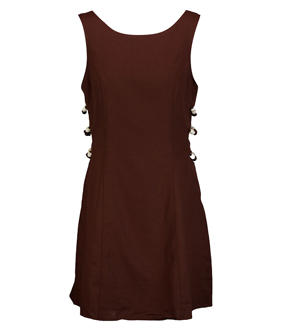 A brown mini dress with contrasting clasps at the side. 
