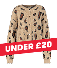 A cosy beige cardigan with animal print detailing.