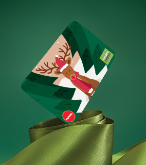 A Christmas-themed gift card against a bold green background.