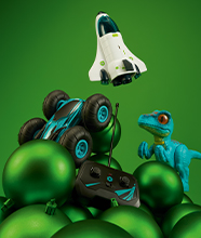 Kids toys including remote-control car, rocket and dinosaur.